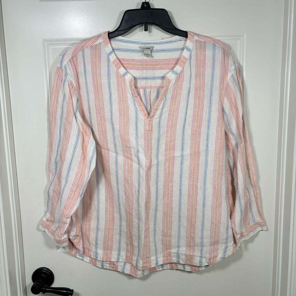 LL Bean 100% Linen Split Neck Pastel Striped Long Sleeve Top Women’s L